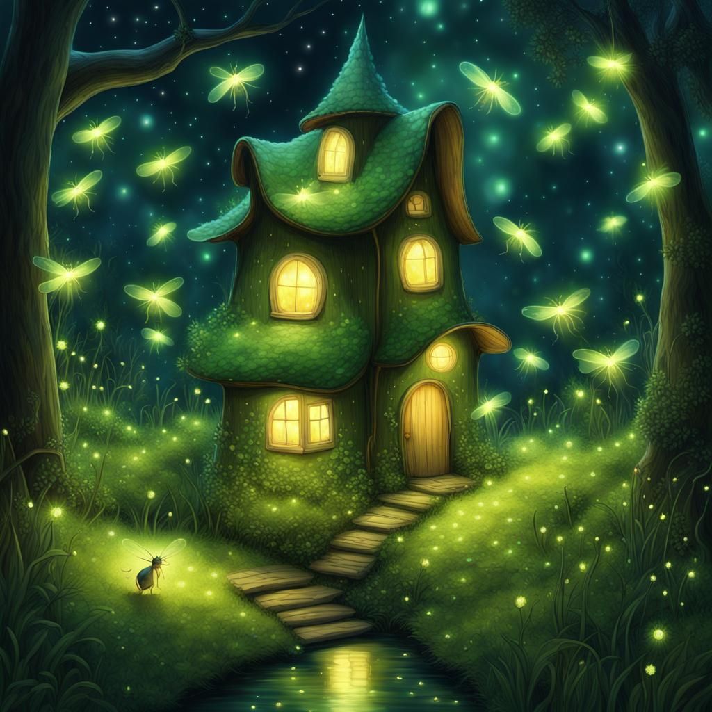 Fairy Village, fireflies, little mice, green glowing green f...