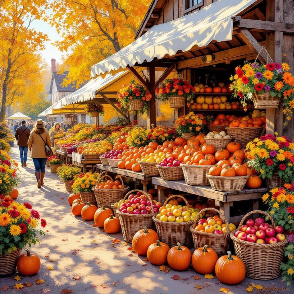 Rustic autumn market filled with pumpkins, apples, and flowers, golden hour lighting, cozy villagers, ...  by @ari rozental
