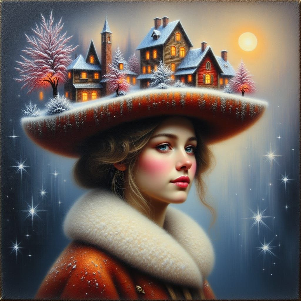 <lora:felt:1.0> Oil painting on felt. Baroque lady in a hat, on which a tiny microcosm of a winter city. Oil painting on felt. Very soft foc...