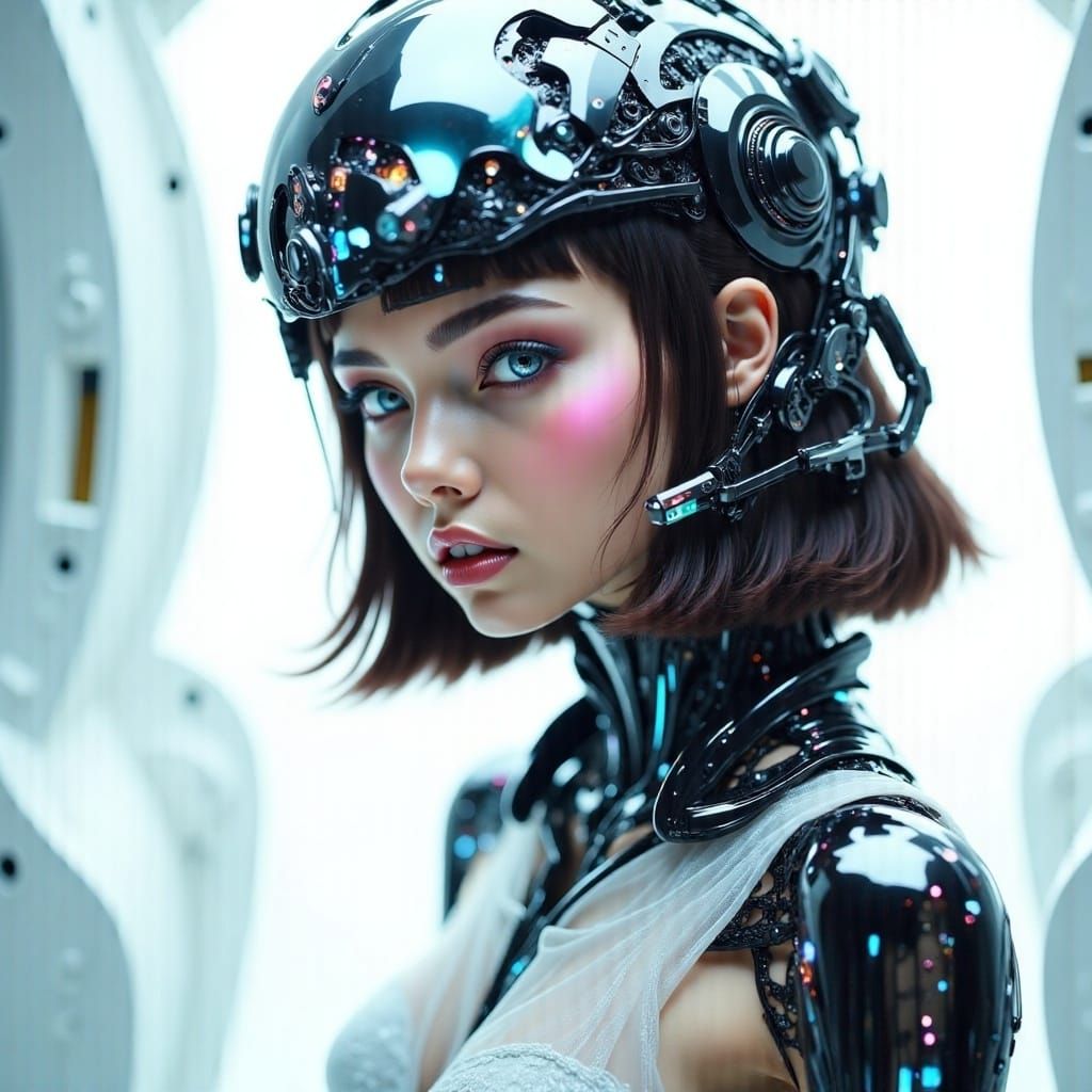 <lora:Eyvindr Fx:1.0>, insane fashion photography beautiful young woman serene futuristic Cyberqueen translucent skin robotic head super sty...