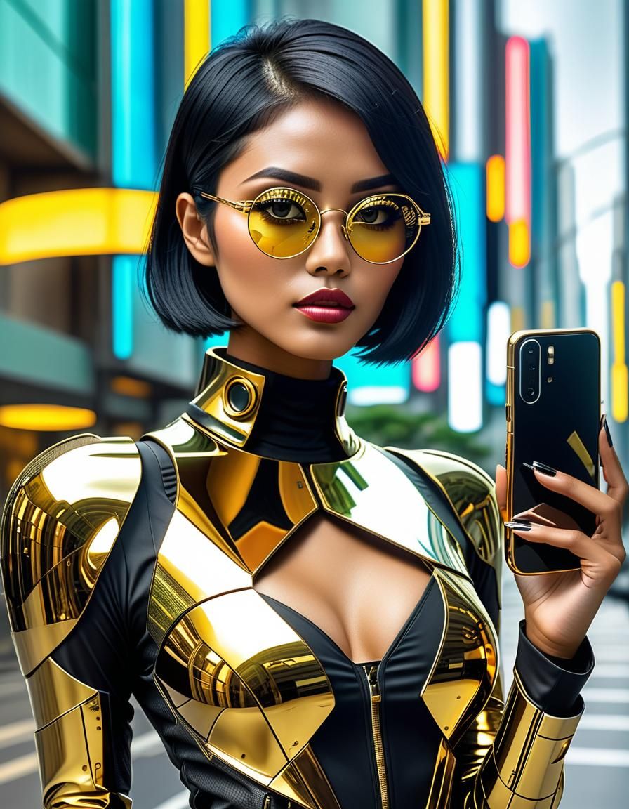 Futuristic Indonesian woman on phone