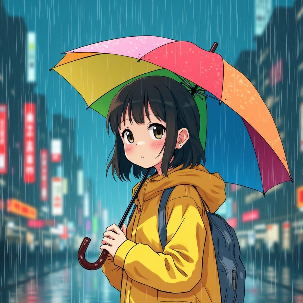 Rainy City Girl in Anime Style