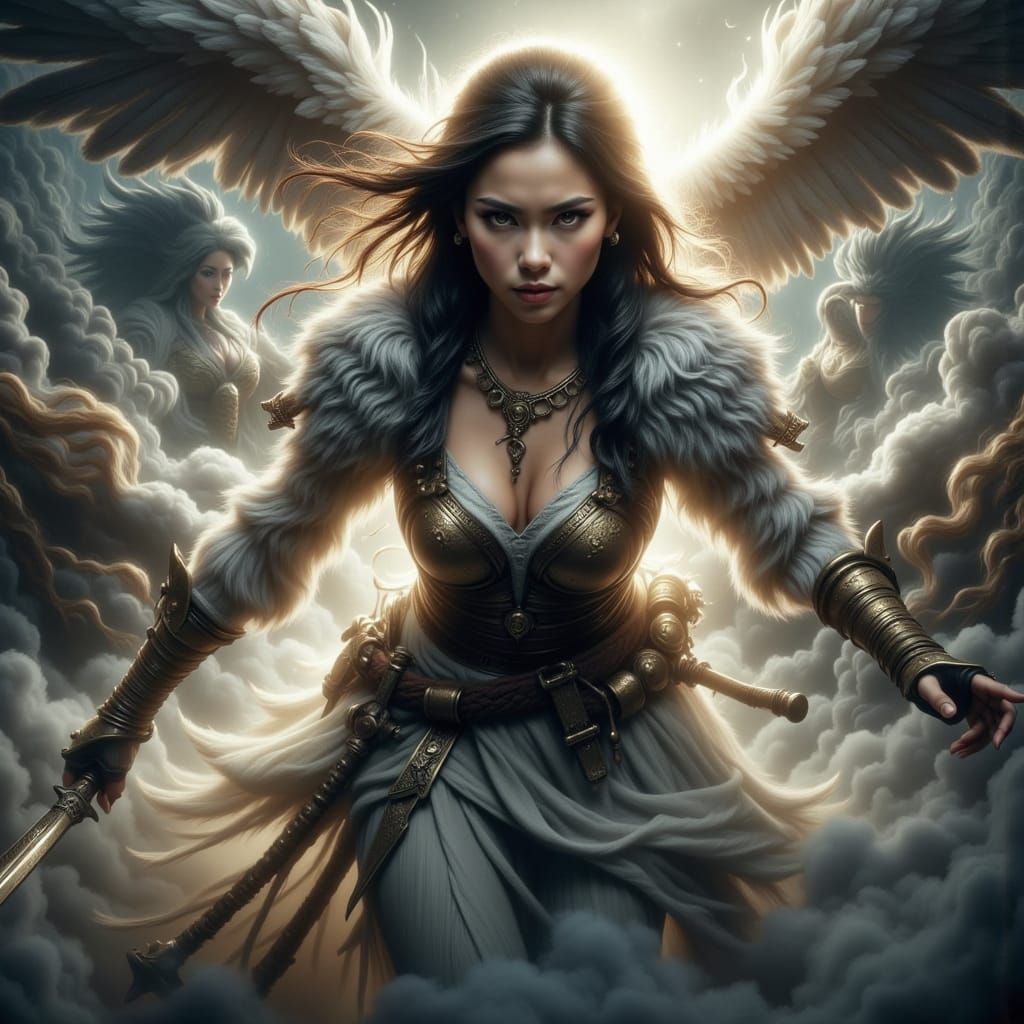 <lora:Flux Vivid Visions:1.0> <lora:Morkaiverse:1.0> <lora:Warrior female:1.0> A lone female warrior with a determined expression, surrounde...