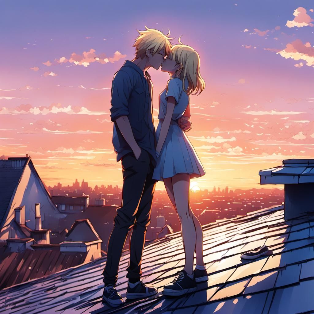 a blonde hair girl and her boyfriend kissing  on top of a ho...