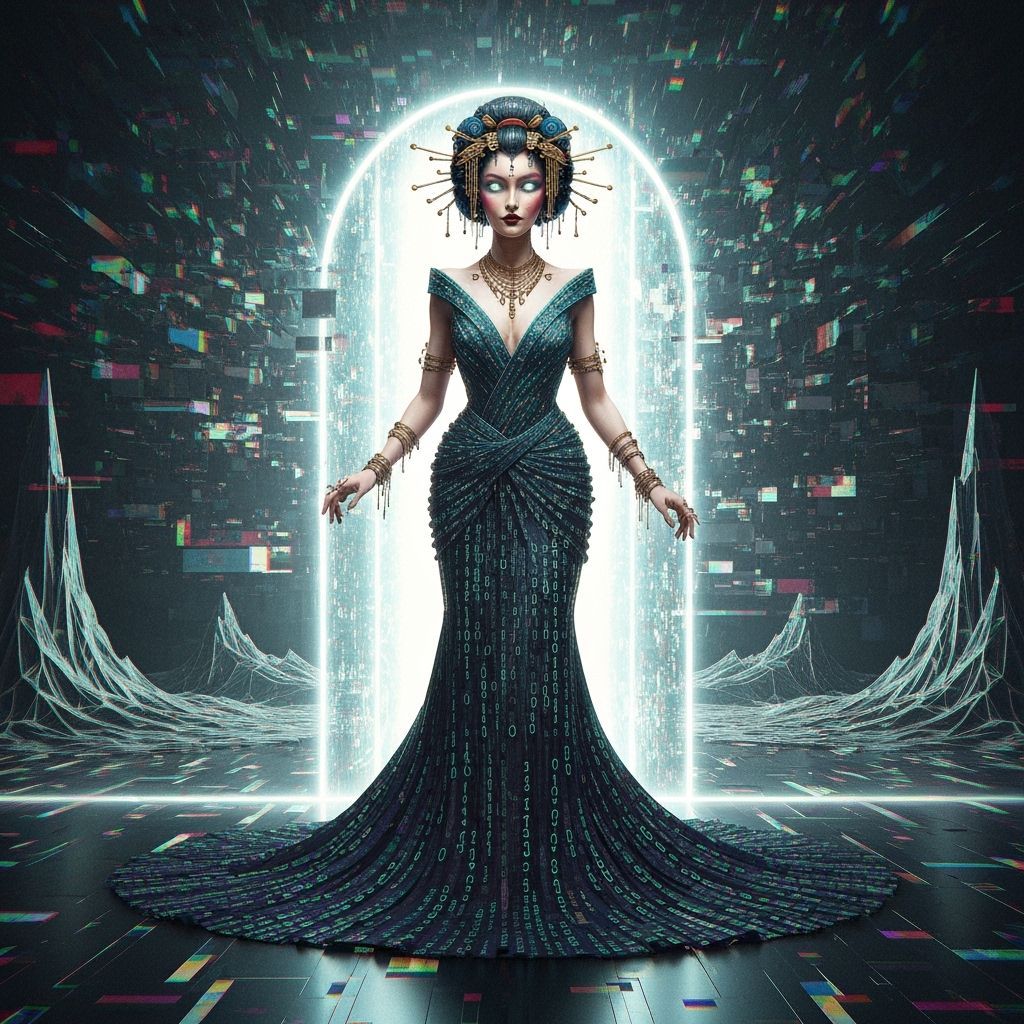 A digital cubist geisha with a flowing gown of binary code stands before a shimmering portal, their eyes radiating an otherworldly glow. The...