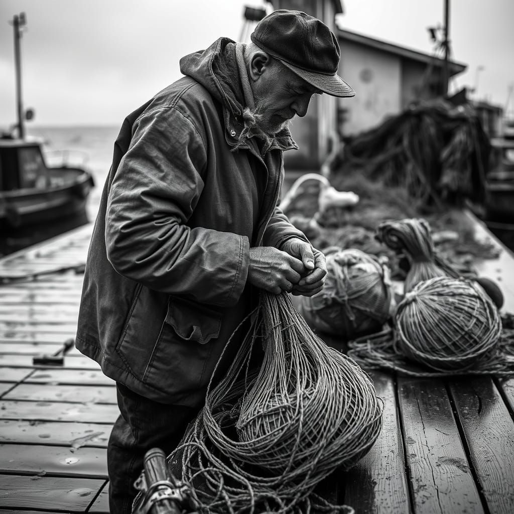 Fisherman Mending Nets on Stormy Dock in Black and White
