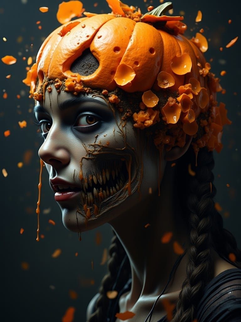 <lora:Double Detailer v2:1.0> chiaroscuro depiction of a terrifying zombie with a truculent grin and fragments of a halloween pumpkinhead dr...