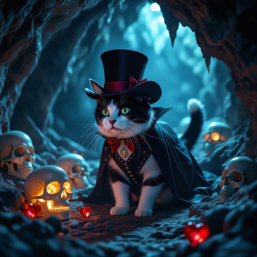 Piebald Cat Vampire Explores Crystal Cave