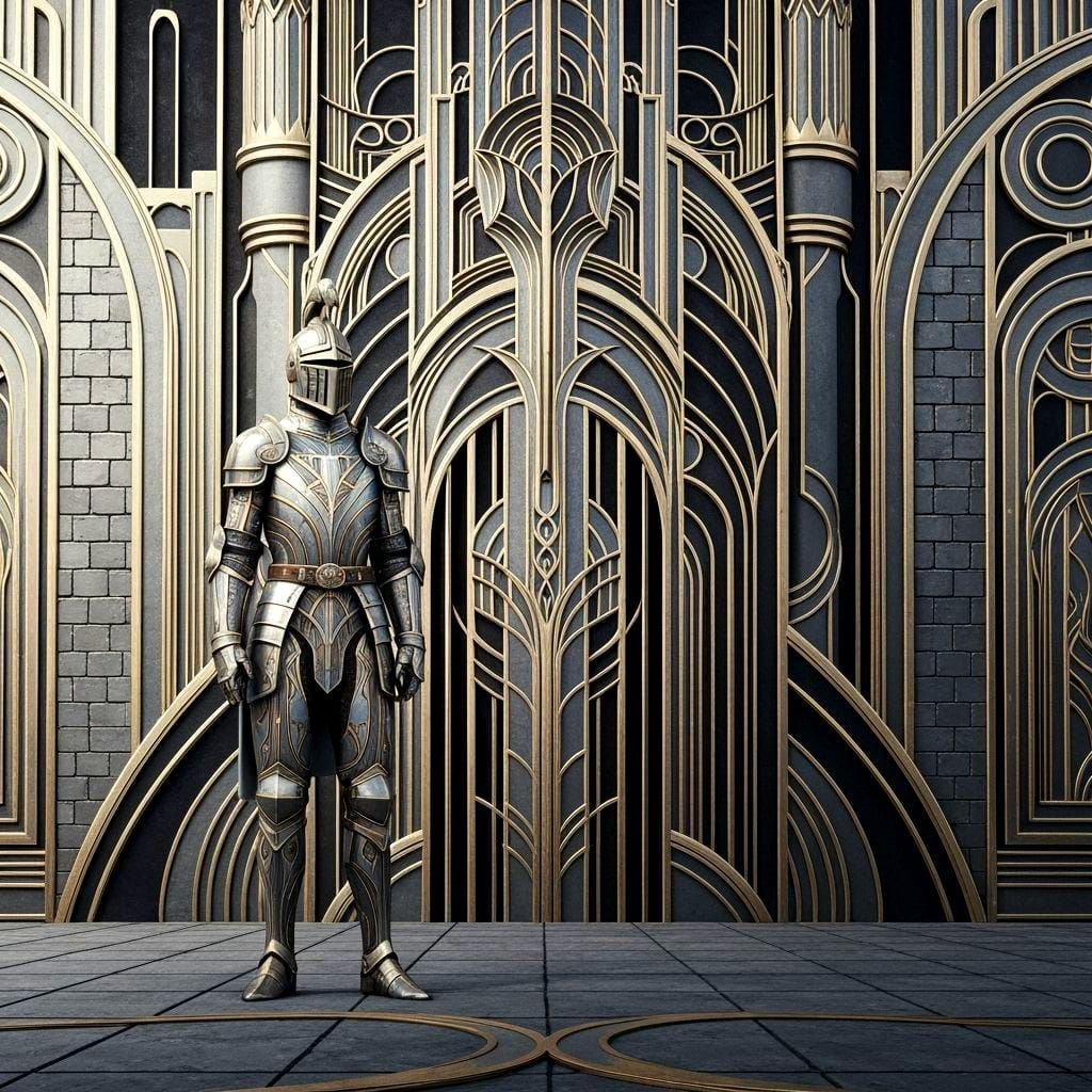 A solitary art deco knight stands in an art deco design castle wall. He is facing the viewer.