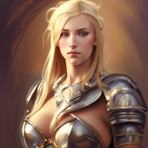 Beautiful blonde girl with armor portrait by disney, Greg Ru...