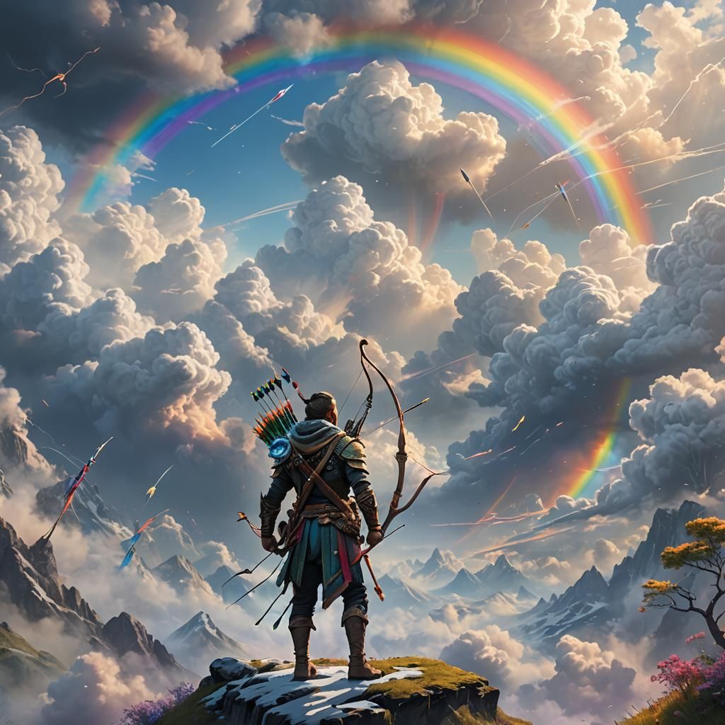 Rainbow Archer in Clouds: Fantasy Concept Art