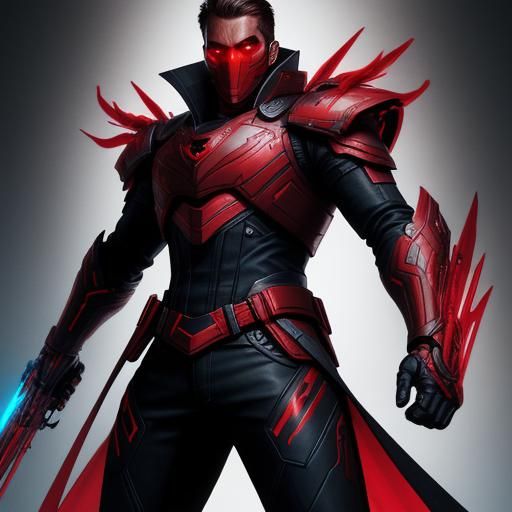 man with light brown short hair wearing a metallic-black mask that has large red LED-glass eyes and a long beak, a red open leather long-tai...