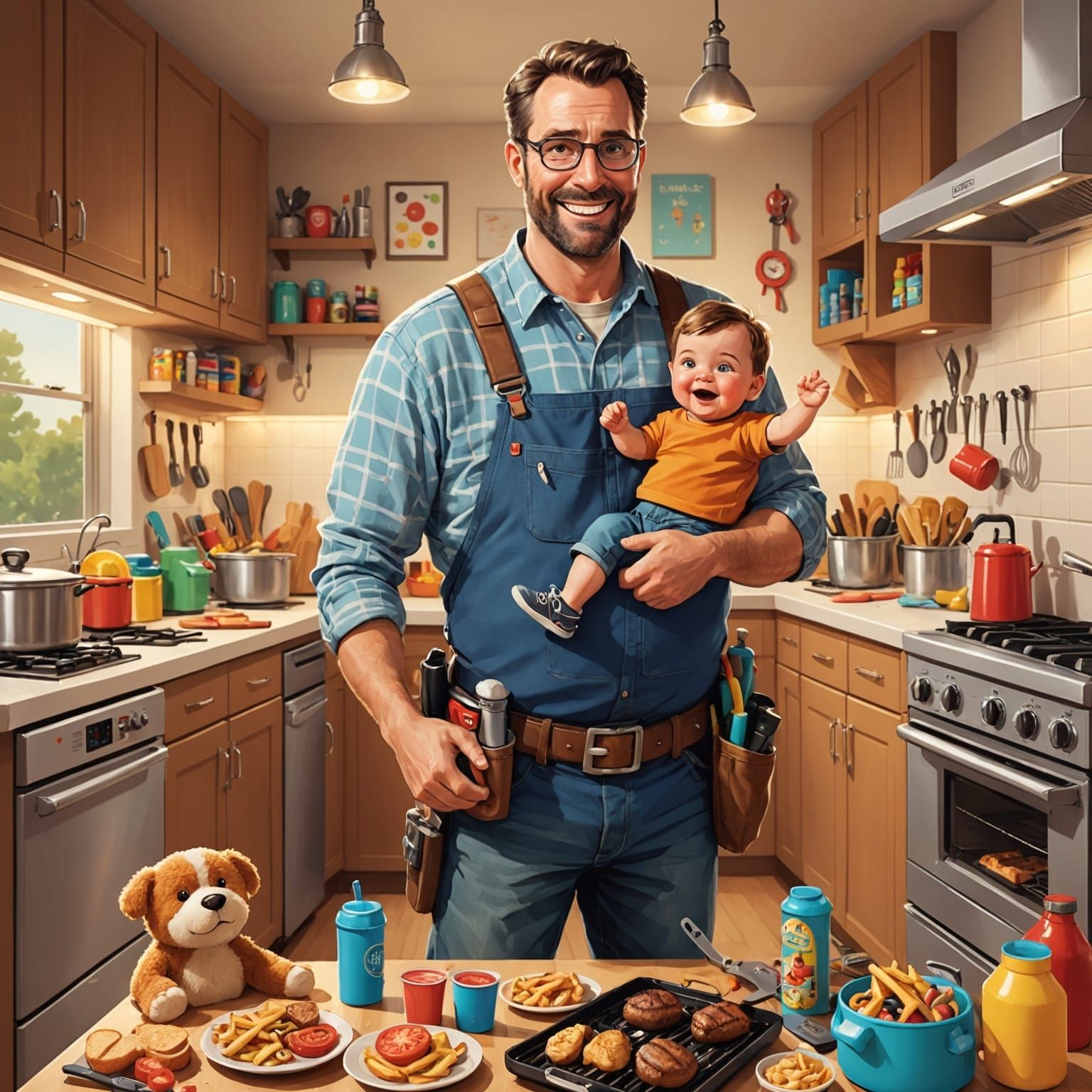 Funny and heartwarming digital illustration of a dad in 'dad mode,' wearing casual clothes with a toolbelt, ...  by @Fausto Santos