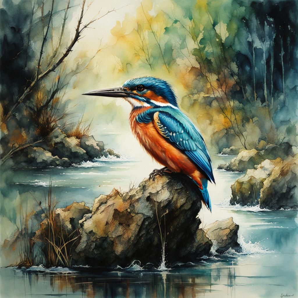 kingfisher, beautiful kingfisher bird sitting on stone in ri...