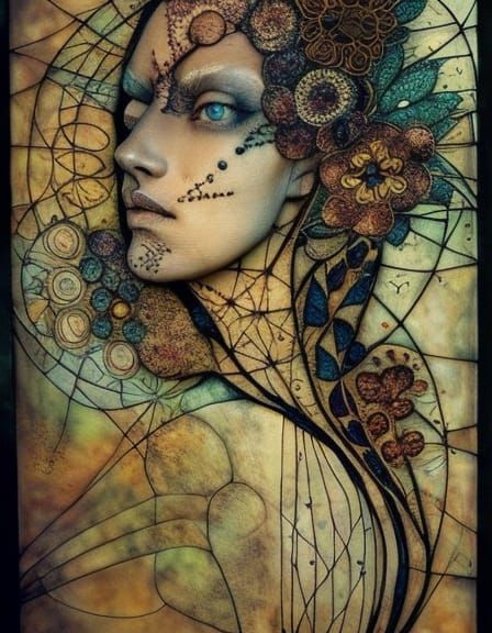 Surreal Textile Art Portrait with Constellation Map