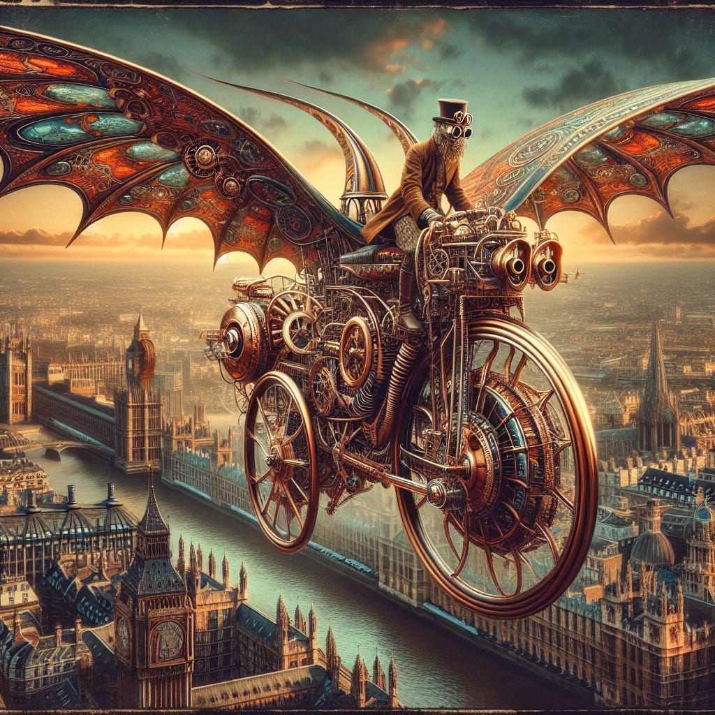Steampunk flying bicycle beyond London ; mecanical wings, steam machine, shiny metal ; old scool steampunk ...  by @Didier B