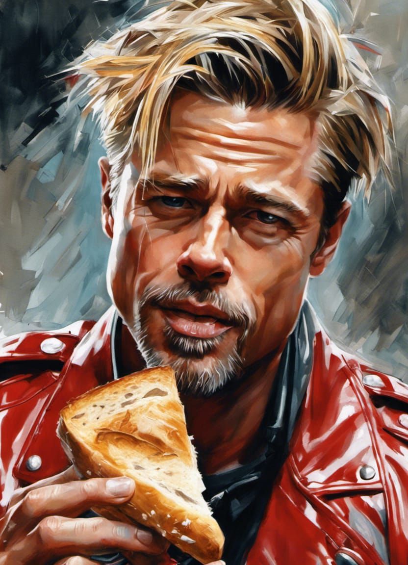 Insanely detailed Portrait of Brad Pitt eating a baguette of bread