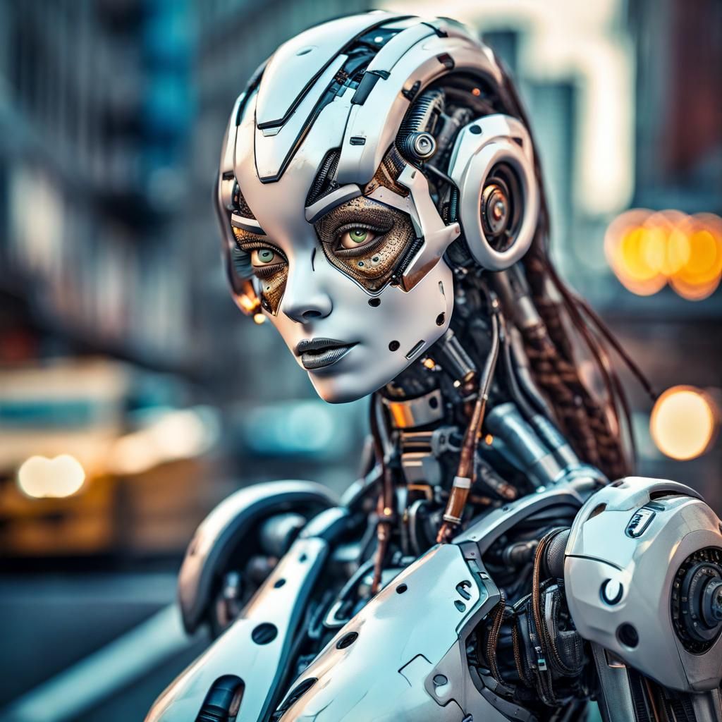 Portrait of a robot girl in a city from the future
