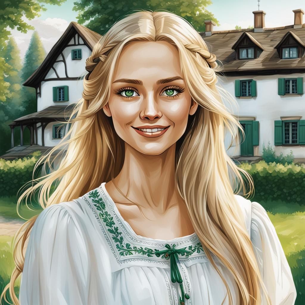 Portrait of a young Slavic woman.
She has long blonde hair a...