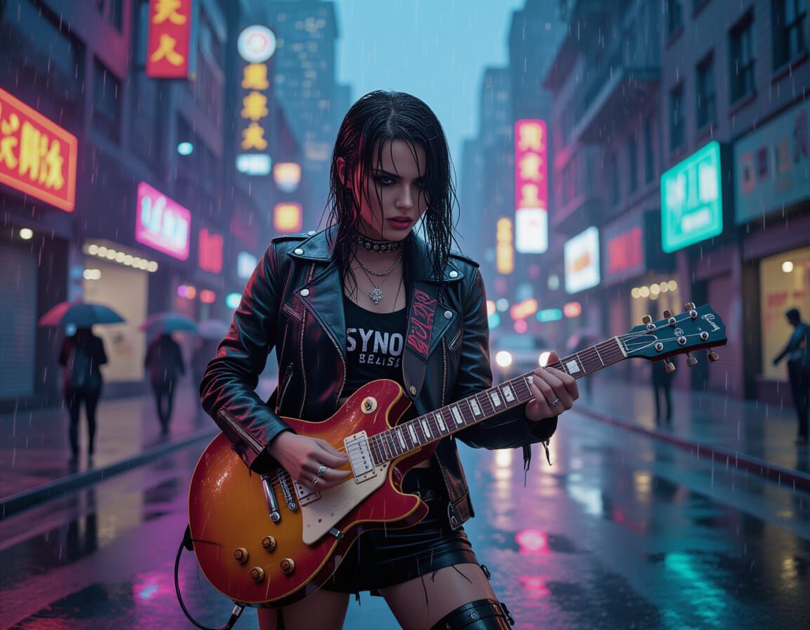 Punk Rock Girl Plays Guitar in Neon-Lit Rainy Megacity