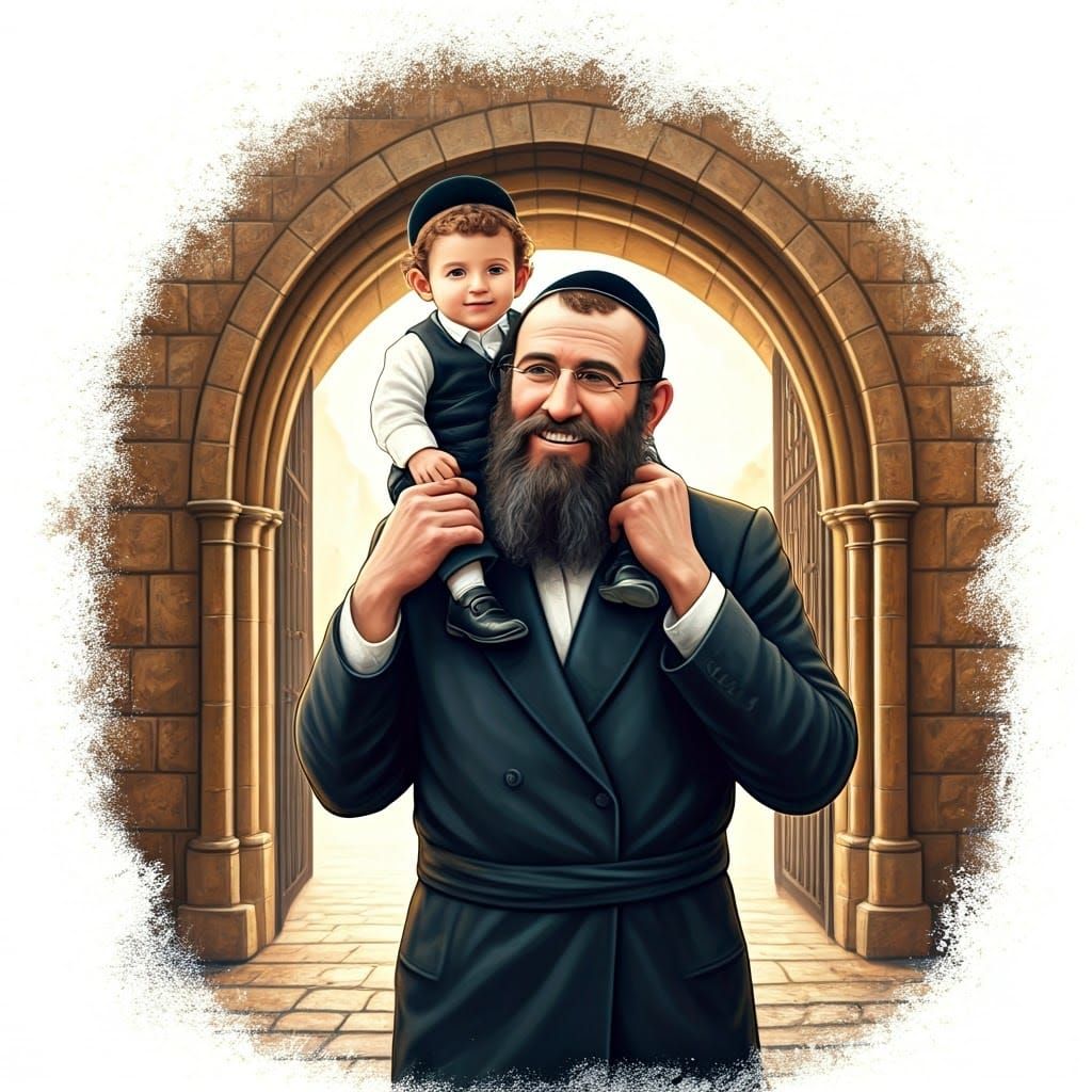 Joyful Father and Child Illustration in Folk Art Style