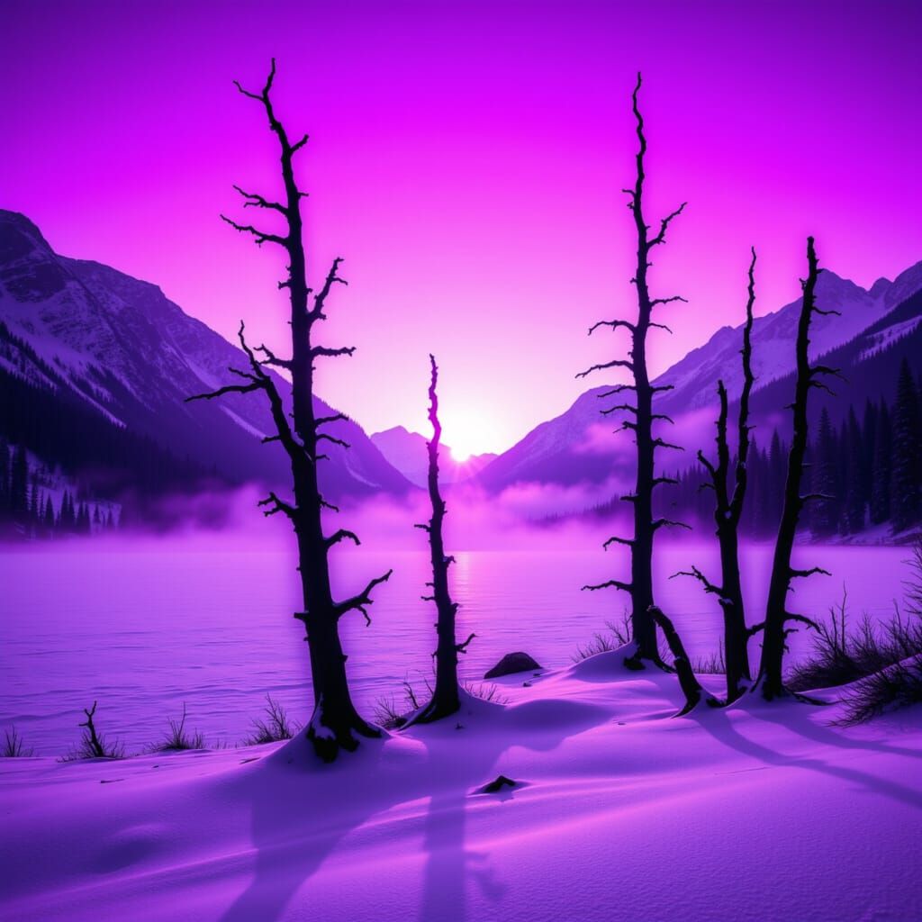 <lora:Purple Haze:1.0> Concept art, medium shot of a magical, vivid purple haze sunrise over a serene snow-covered mountain lake with striki...