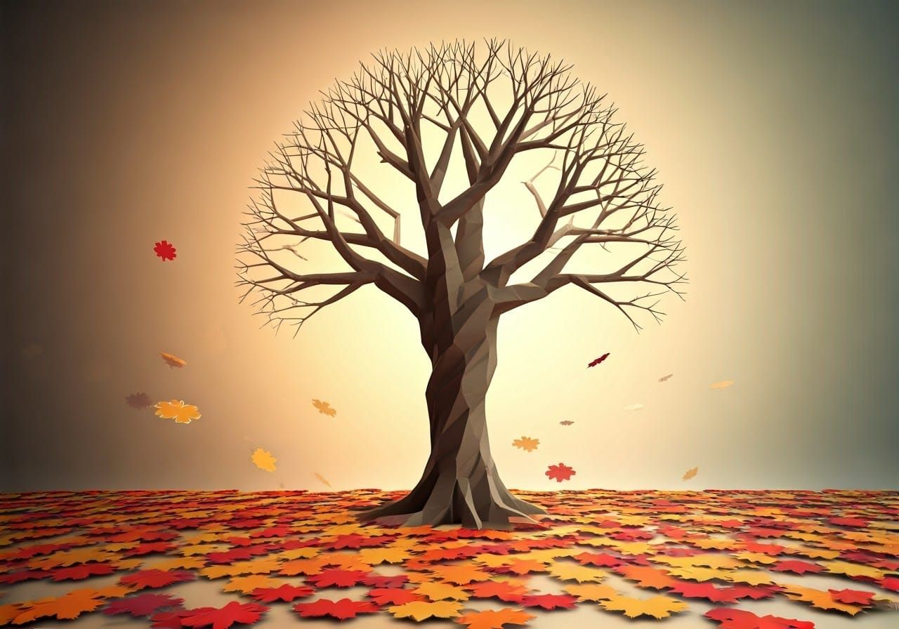 a blarge bare tree made of paper. and colorful crumpled paper fall leaves on the ground below it Origami paper folds pap...