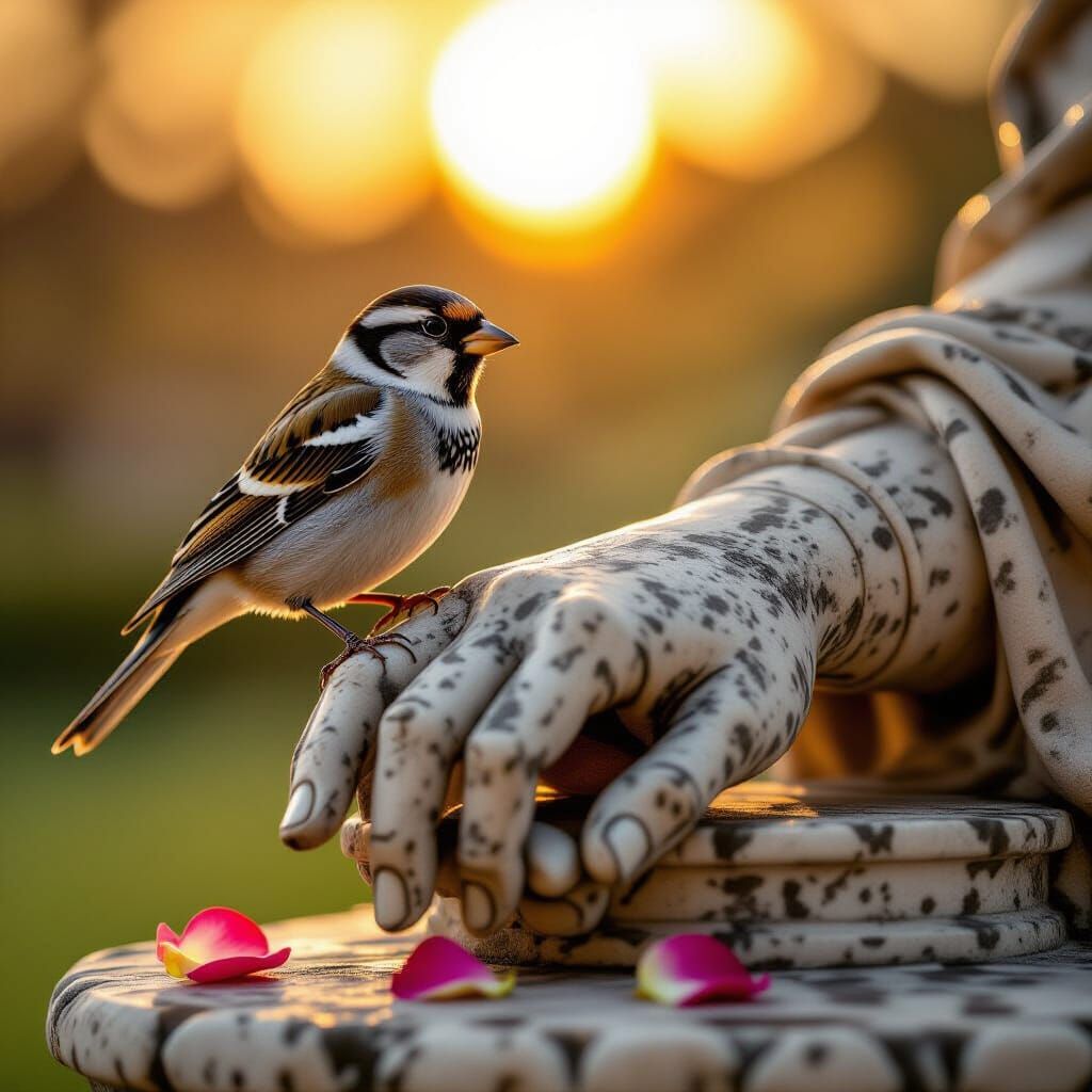 Photorealistic image. A lone finch perched on the ornate hand of a weathered statue of a Roman emperor, ...  by @TheKnowAbout