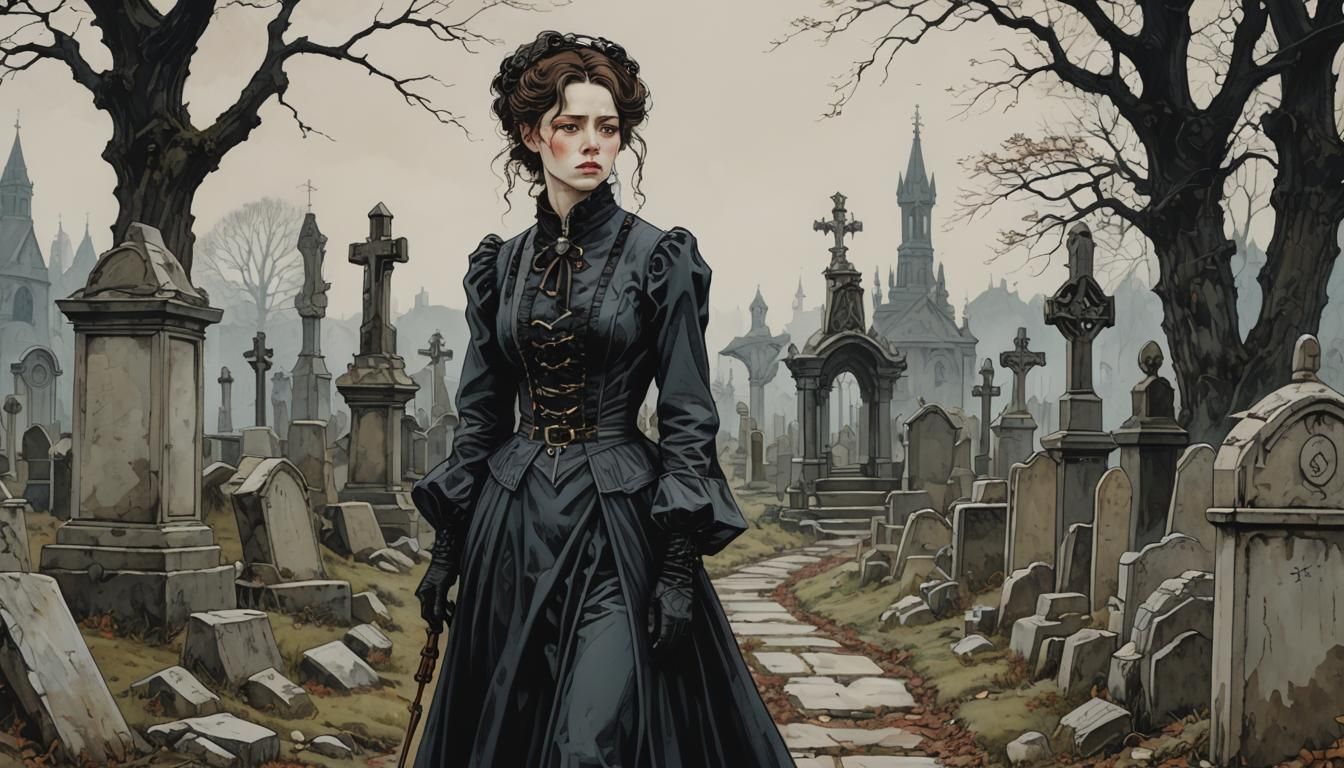 Gothic art style portrait of a lady in Victorian outfit walking through the eared graveyard in the nik ...  by @AIrtist_AInonimoose