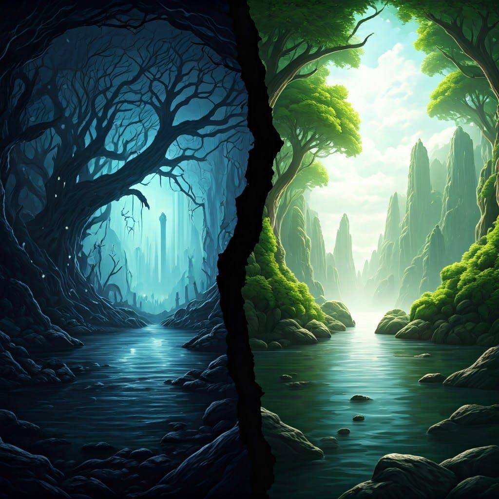 Contrasting Realms in Haunting Fantasy Landscape