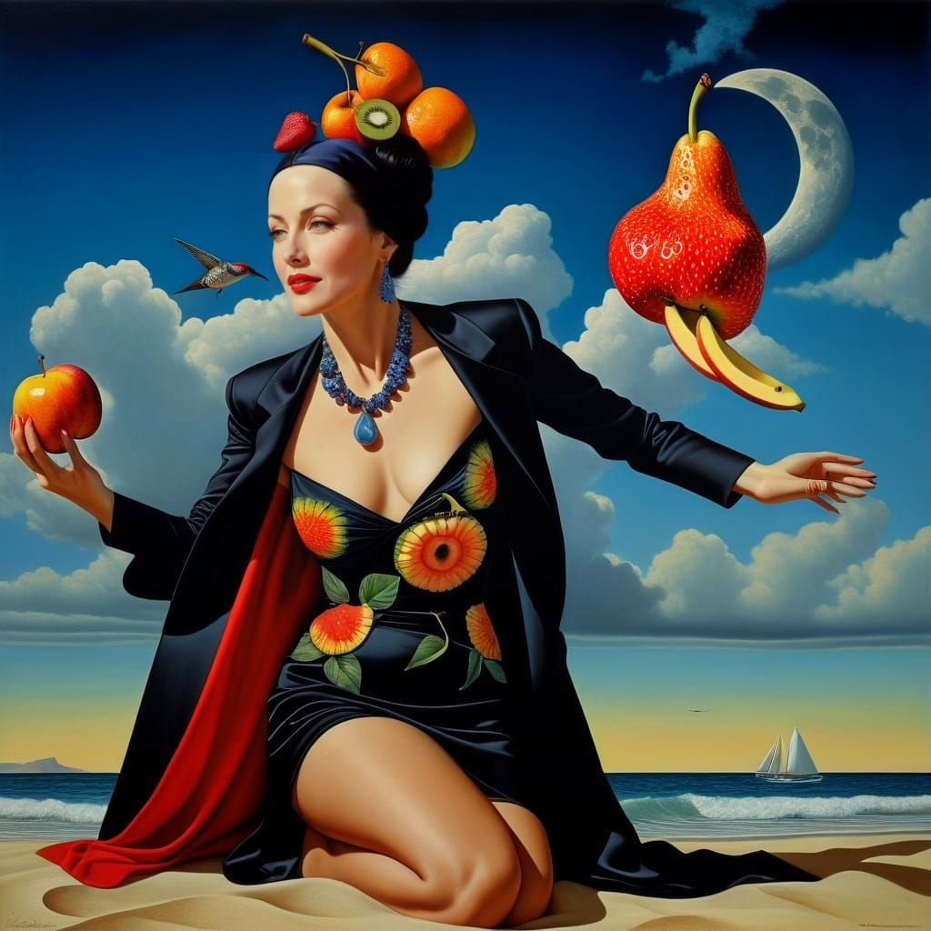 Surreal Woman with Fruit in Fantastic Landscape