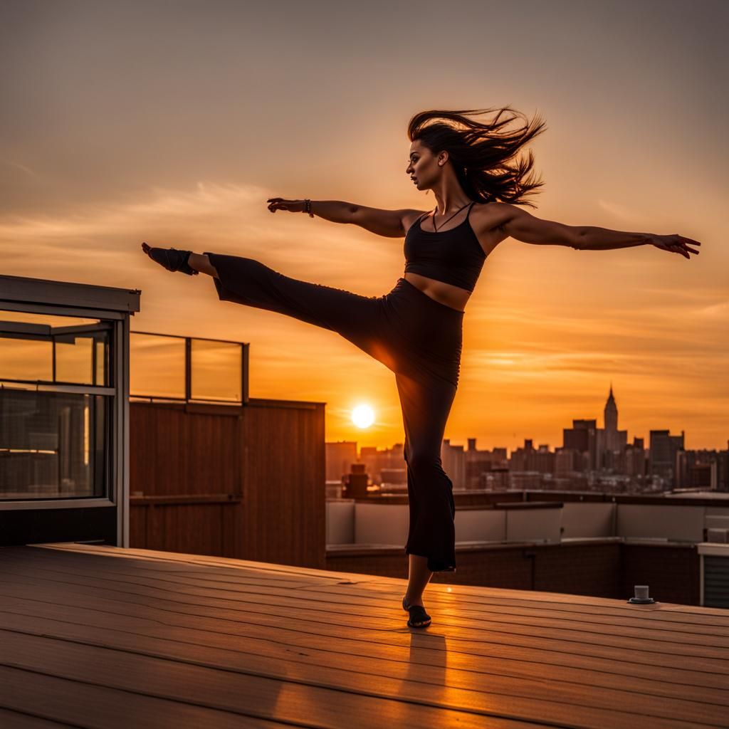 A jeanie dances on the rooftop during sunset
