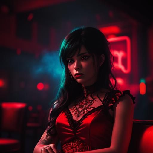 A woman in Red Silk sits in the Smoky Club, Neon Lights