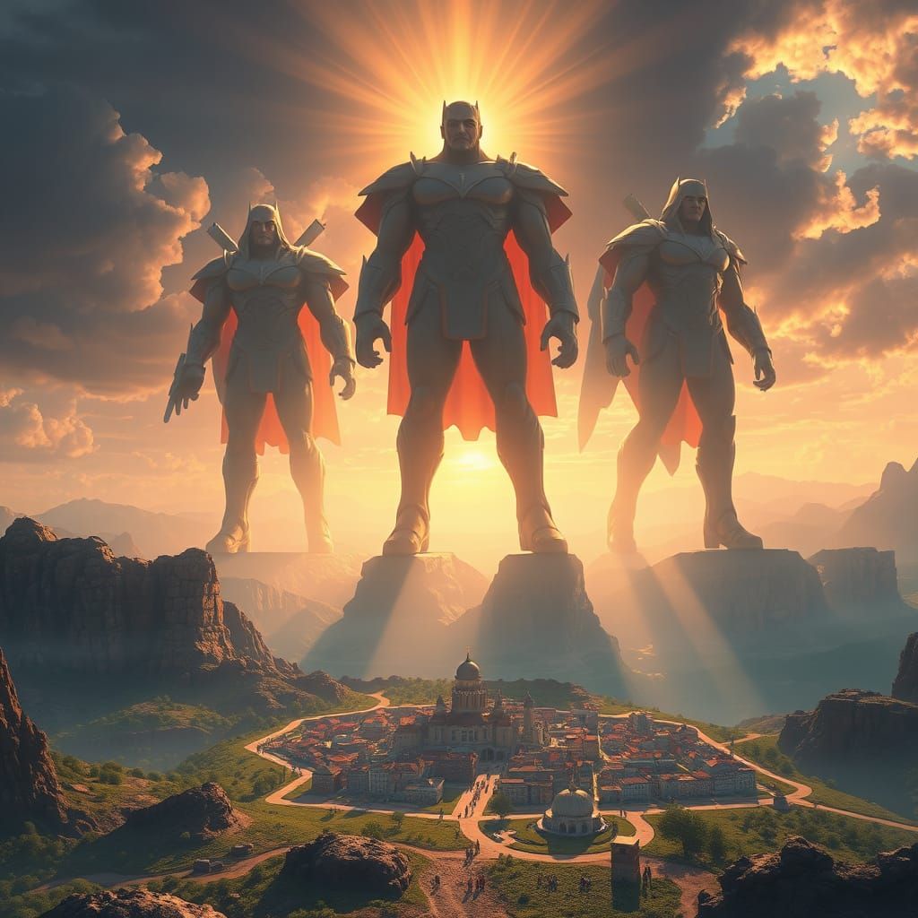 Colossal Heroes Overlooking a Miniature World