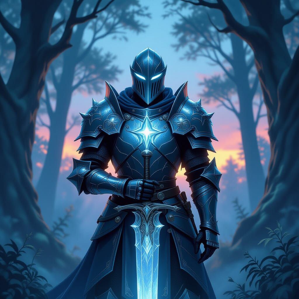 Knight in Luminous Crystal Armor in Mystical Forest