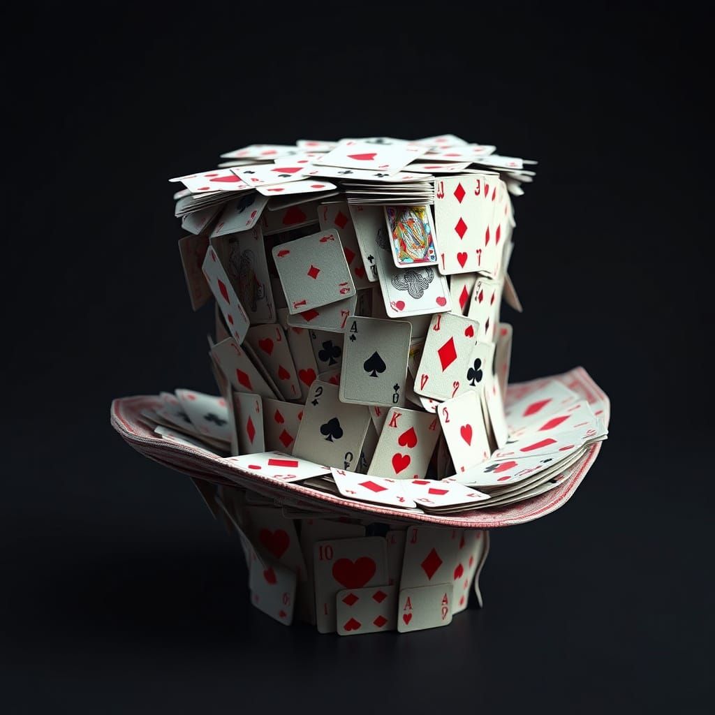 A top hat made completely of playing cards, with dice om the rim