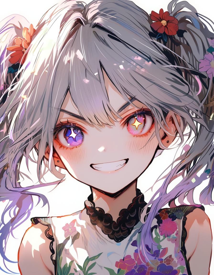 Girl with Twintails Grinning in City Market