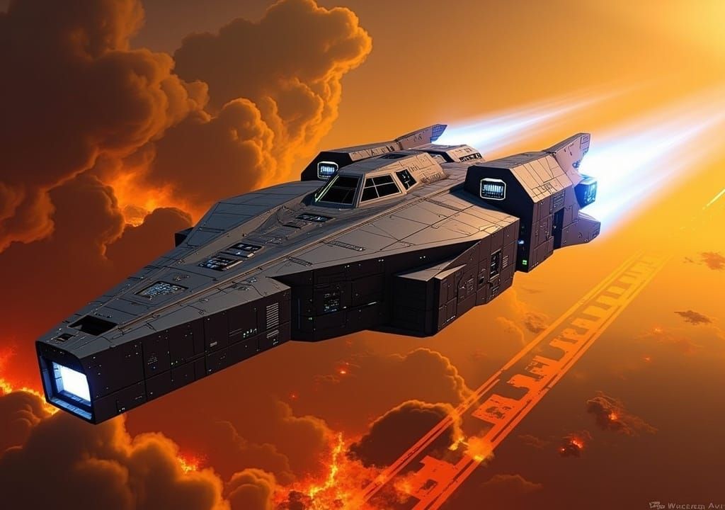 <lora:Astronavis:1.0>8k, cel shaded close-up head-on view of large cruiser starship in the style of Jian Zang, speeding over a volcanic pla...