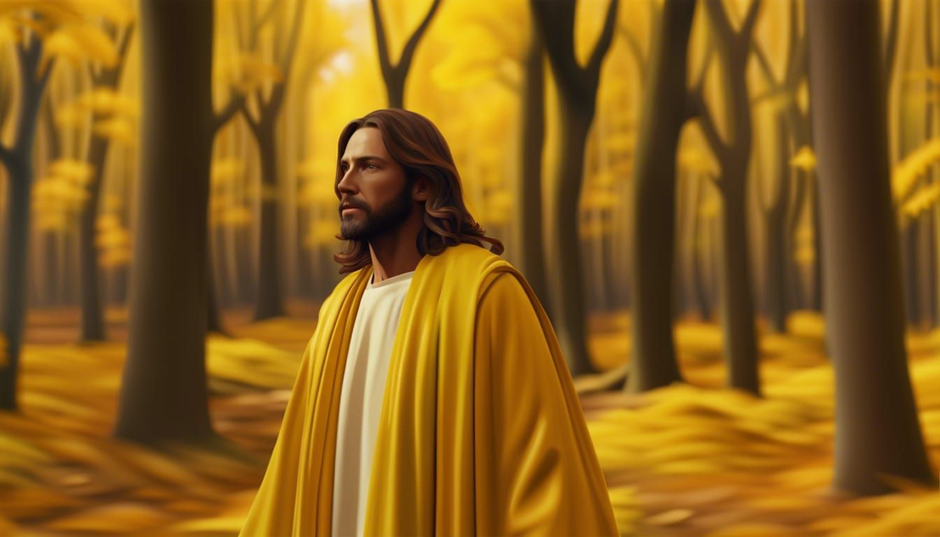 jesus walking through a yellow forest in the fall 8k resolut...