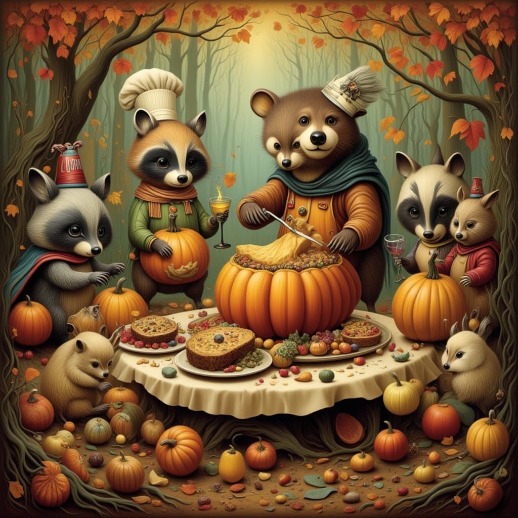 A whimsical Thanksgiving feast in a woodland clearing where animals of all kinds have gathered. A bear in an apron carves a giant roasted pu...