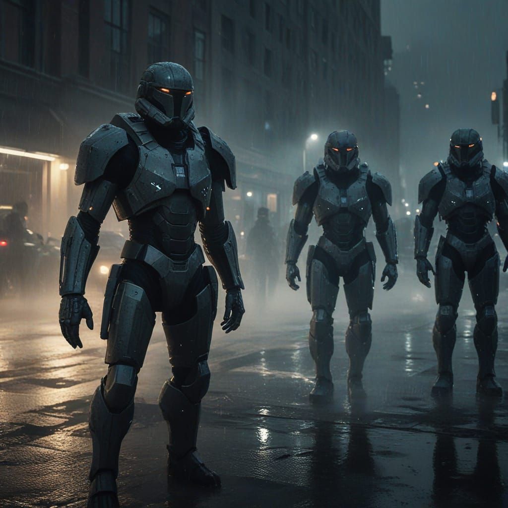 Dystopian Armored Army in a Smoky Cityscape at Dawn