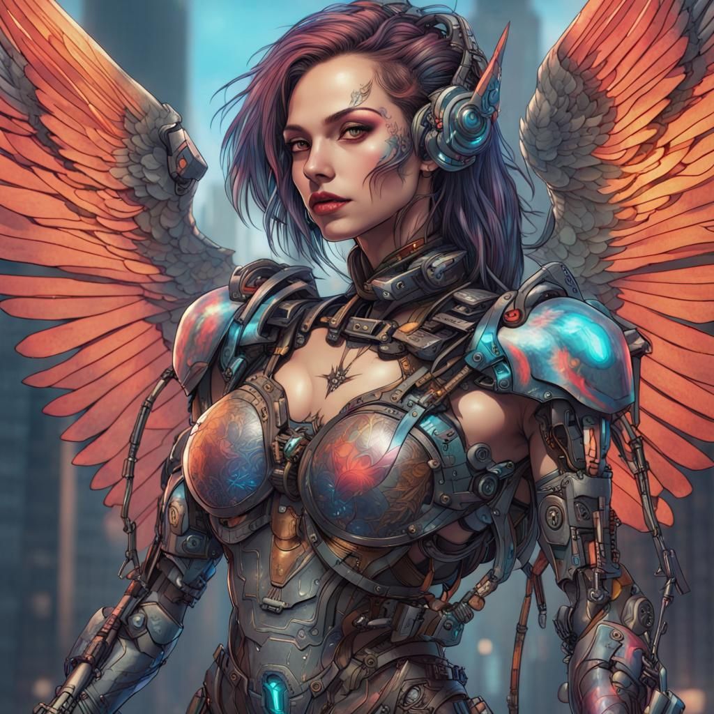 a multi-colored, winged, cyborg Valkyria wearing futuristic ...