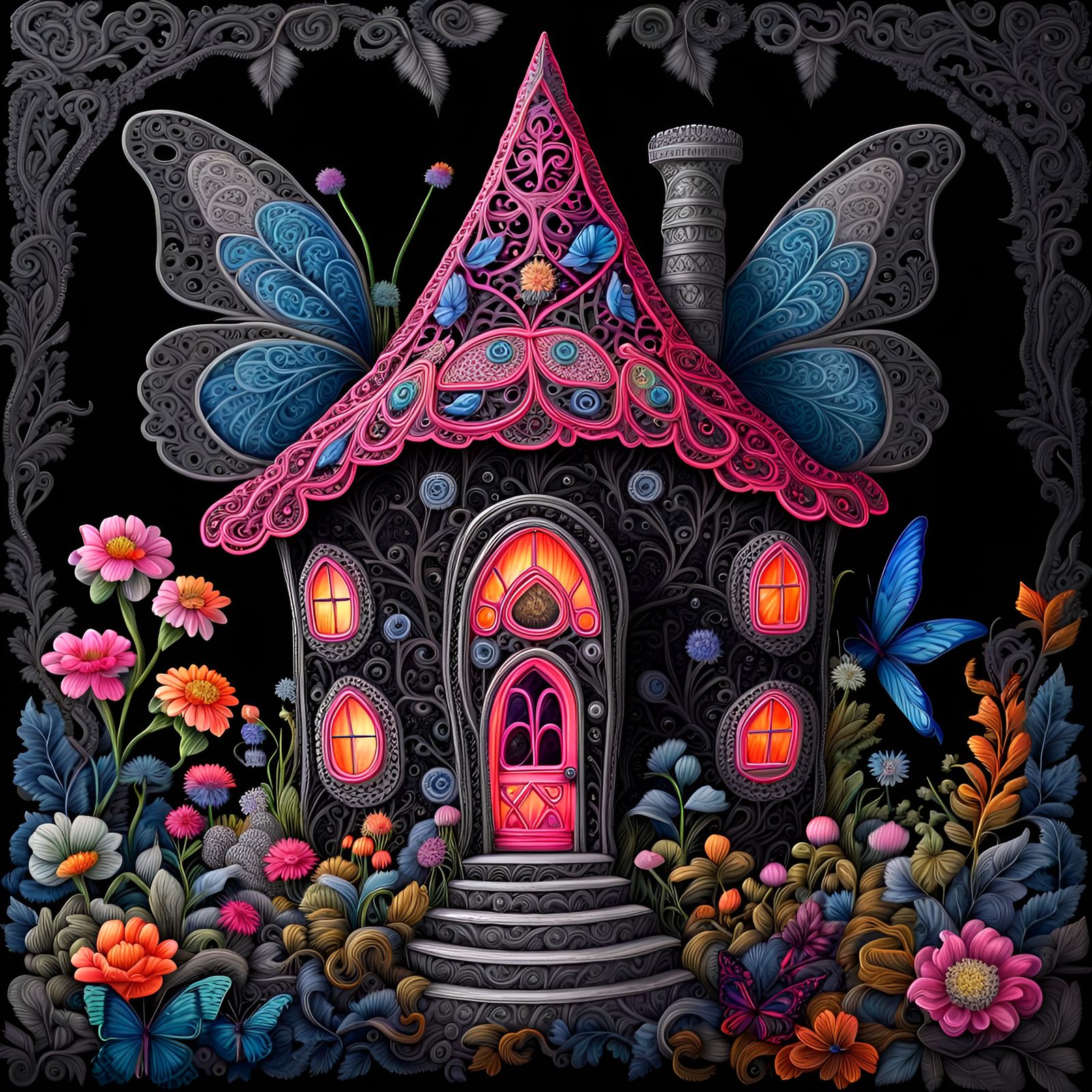 Prismatic neon painted on black velvet,  Fantasy fairy house...