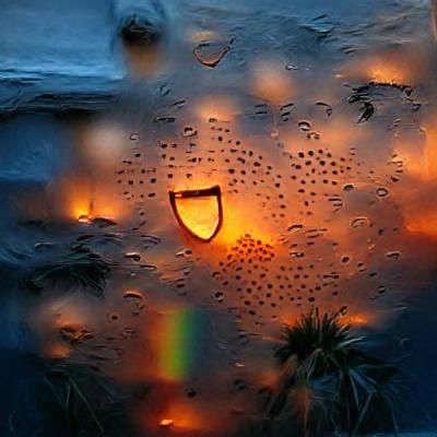 Window in raindrops lit by sunset