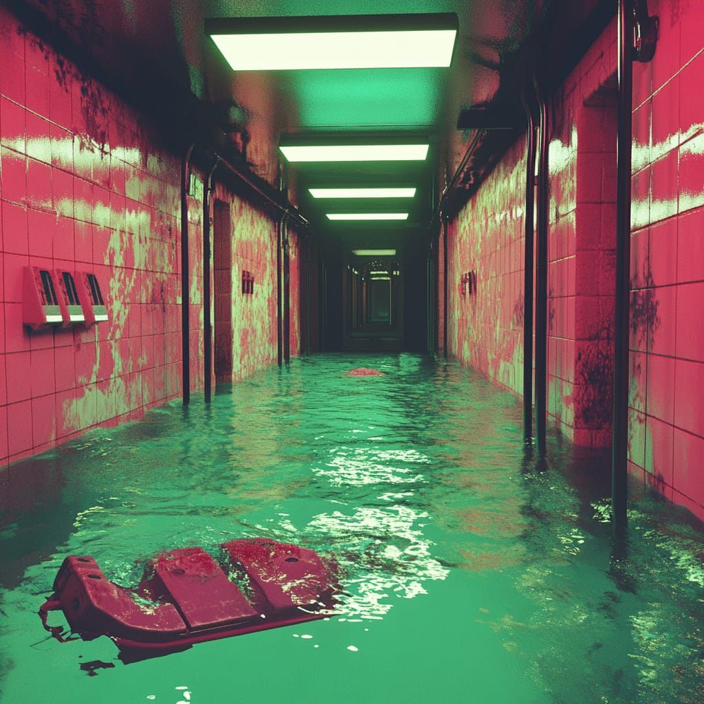 <lora:Submechanophobia:0.7>
Liminal 80s horror movie scene: A red suitcase floating on the water in half-submerged hallway of 
 an underwate...