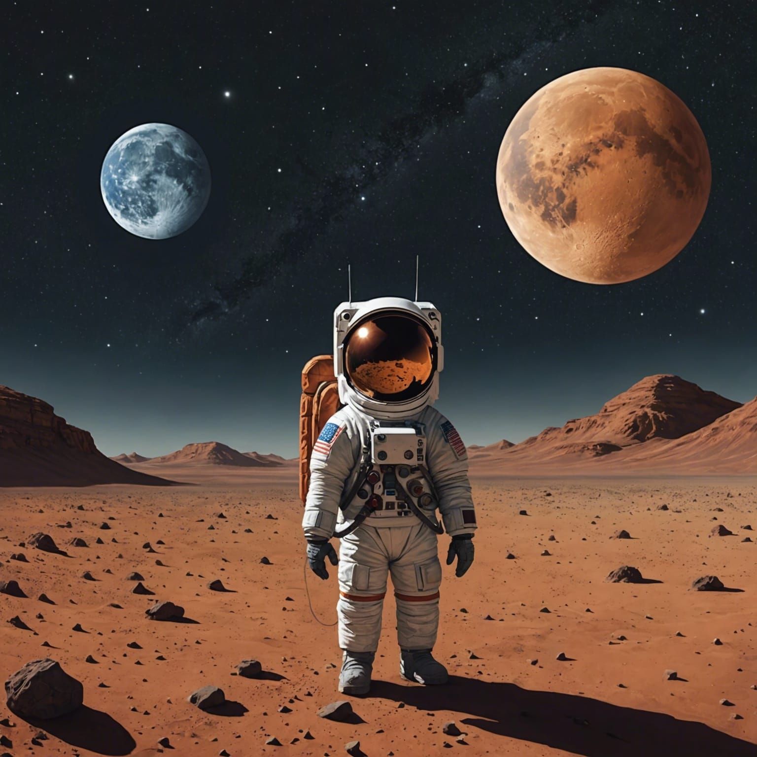 Martian Boy Gazing at Earth and Moon