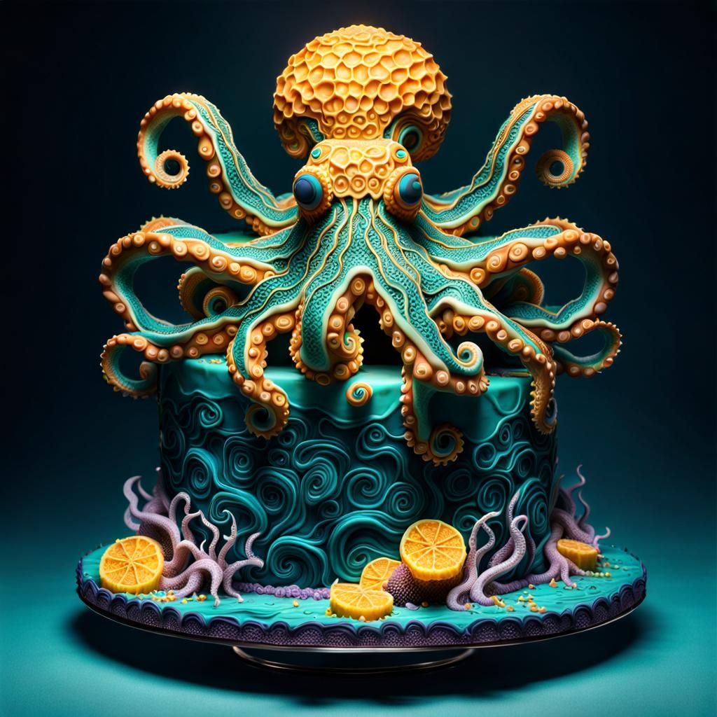 Cake that is in the shape of a octopus with coral like honey combs   by @Timmy Contraros