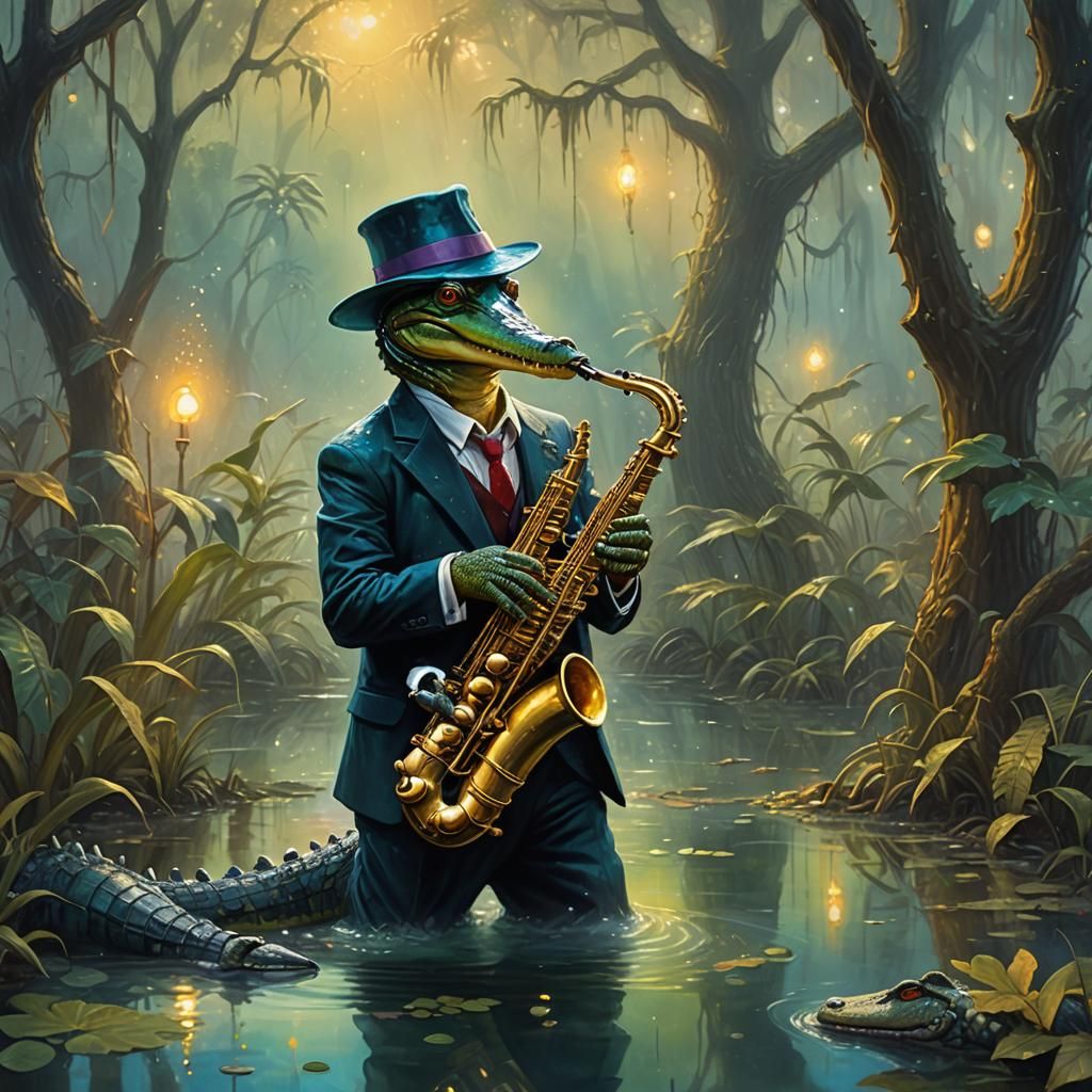 Gator playing the saxophone  by @Hard Boiled Entertainment