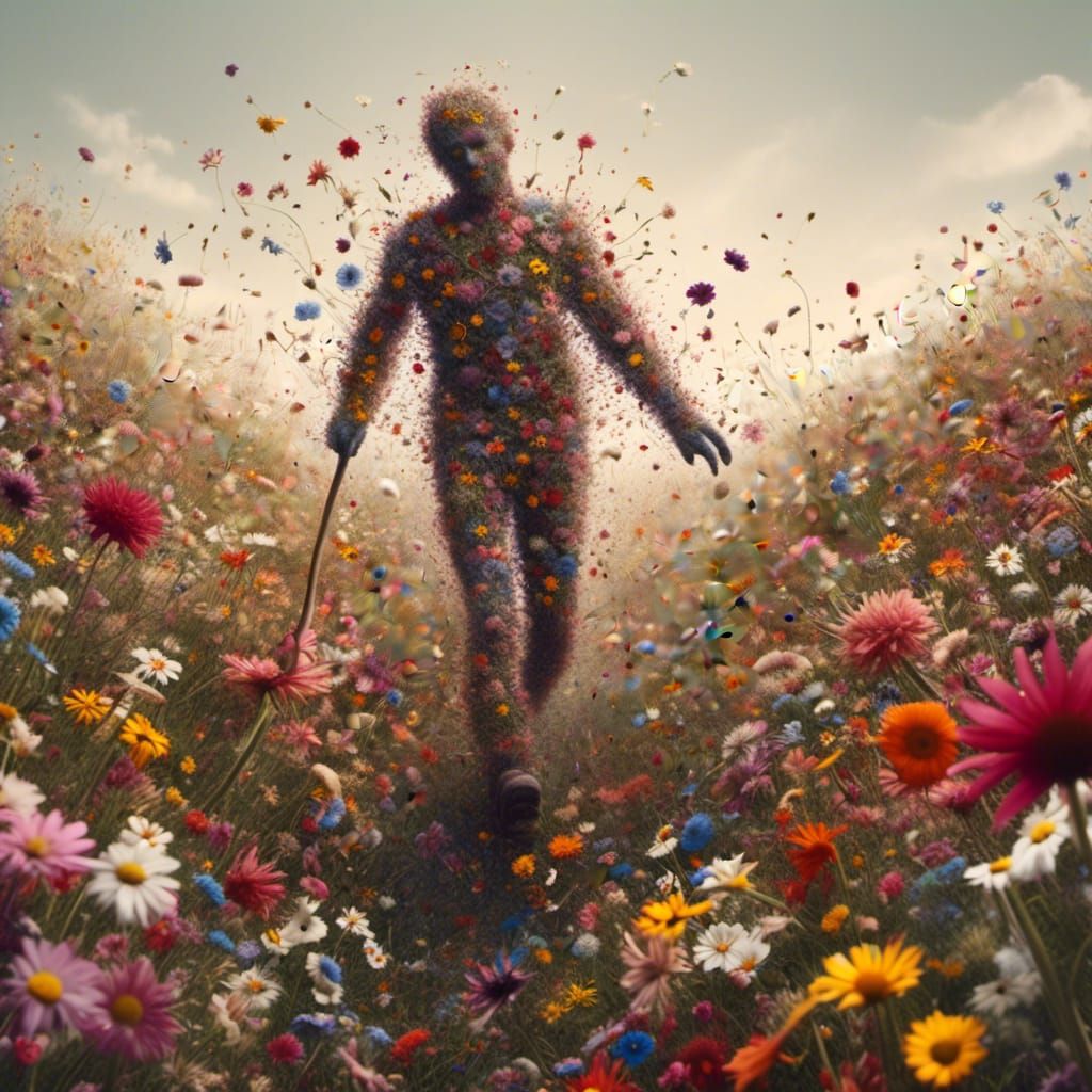 <lora:Flowers:1.0> Flower man Disintegration into trail of wildflowers , insanely detailed hd concept photography 