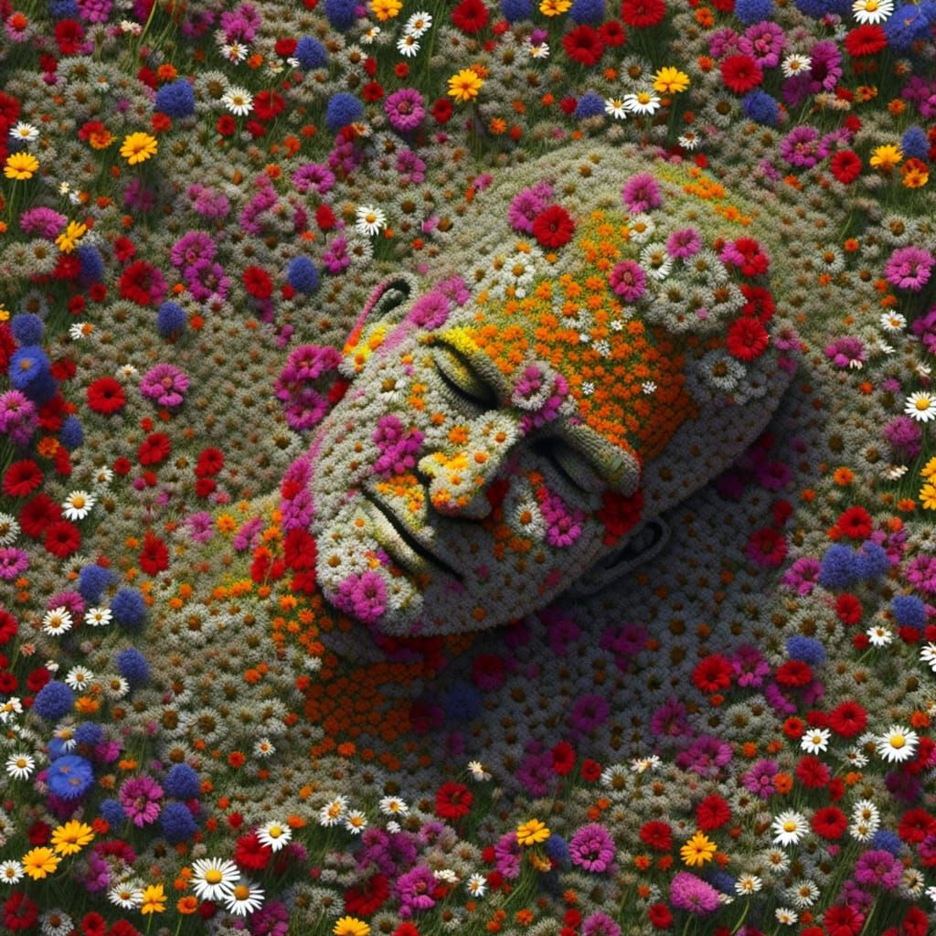 <lora:Flowers:1.0> Flower man Disintegration into trail of wildflowers , insanely detailed hd concept photography 